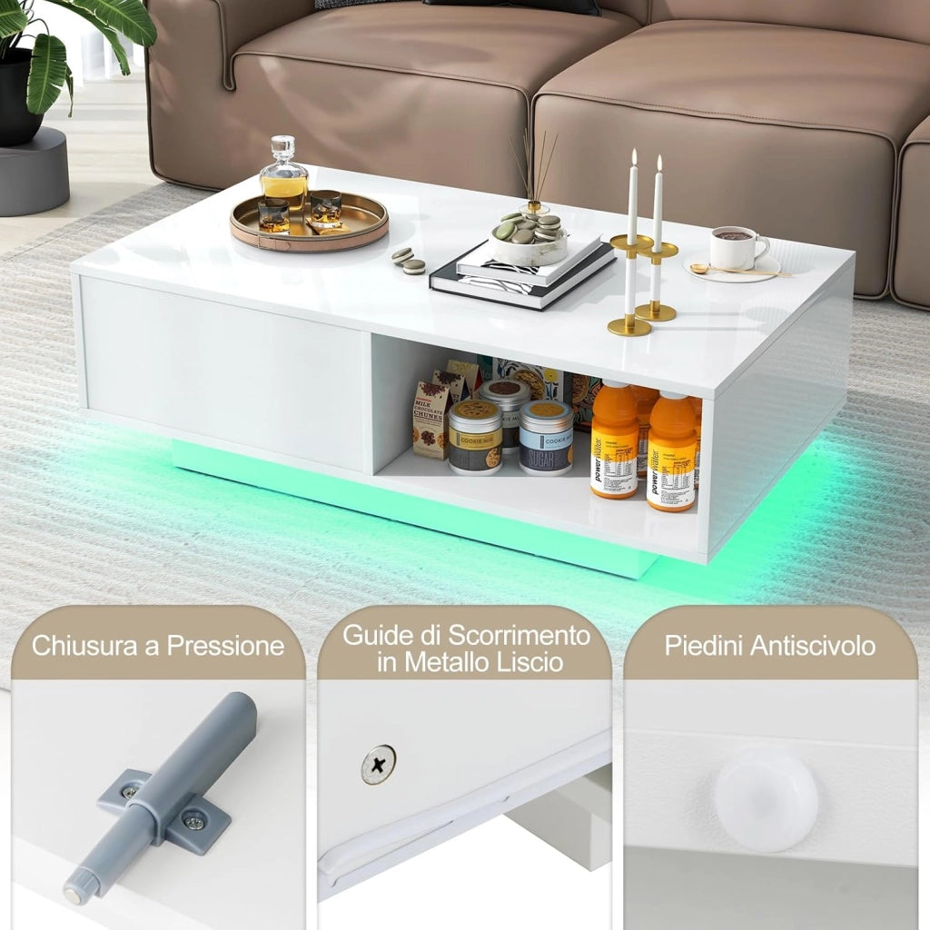 Tavolino da Salotto in Legno, Tavolino Moderno e Rettangolare con 20 Colori di Luci a LED, Telecomando, Cassetto e Ripiano Aperto, Tavolino per Studio e Ufficio (Bianco)