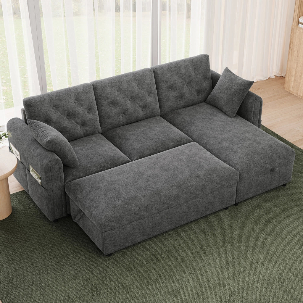 Divano angolare convertibile in velluto con chaise longue reversibile, pouf contenitore e tasche laterali grigio