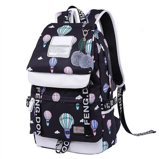 Borsa per bambini, porta caricatore USB, nylon, 42x30x16 cm, nero/azzurro