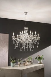 LAMPADARIO DAMASCO 12 LUCI CRISTALLO  E CROMO ATTACCO E14 D.90CM