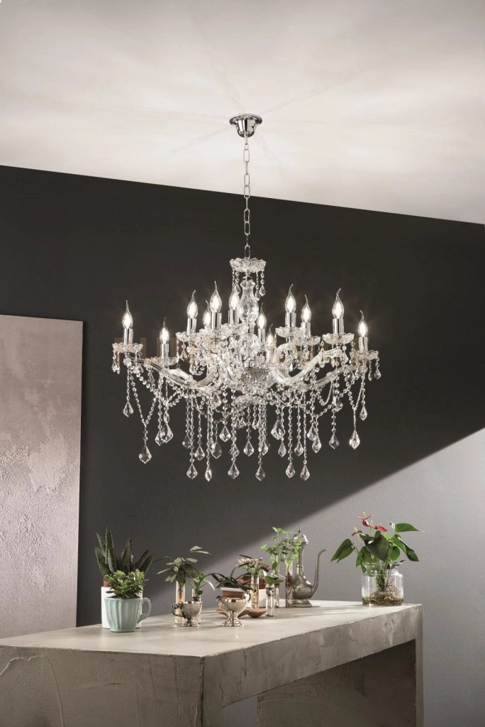 LAMPADARIO DAMASCO 12 LUCI CRISTALLO  E CROMO ATTACCO E14 D.90CM