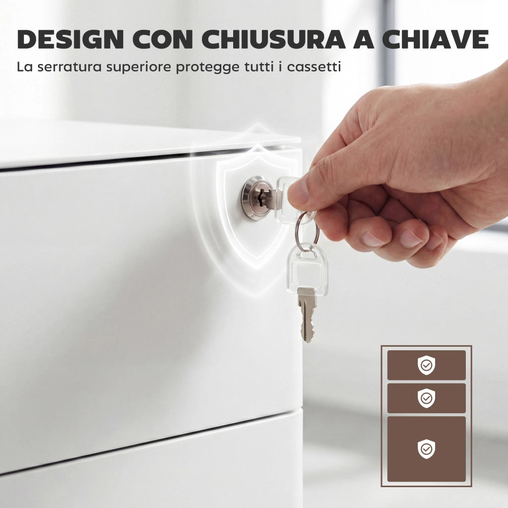 Cassettiera da Ufficio 3 Cassetti in Acciaio con Serratura e Rotelle. 39x48x59cm. Bianco
