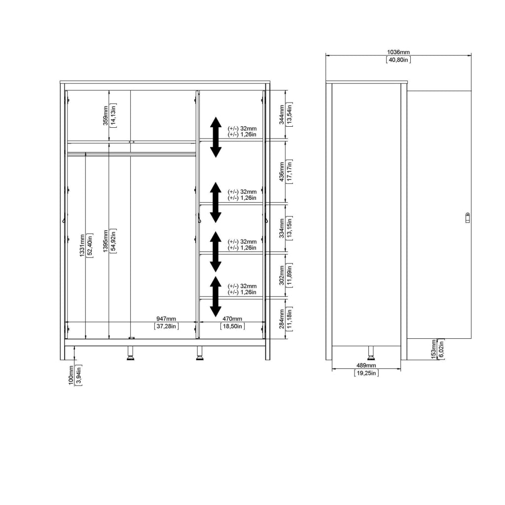 Guardaroba 3 ante Conti, Mobile camera da letto, Cabina armadio portabiti, Armadio appendiabiti, 150x58 h199 cm, Nero