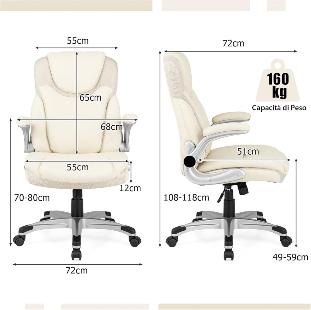 Sedia da Ufficio Girevole, Sedia da Scrivania in Ecopelle con Funzione Dondolo e Altezza Regolabile, Sedia con Ruote per Ufficio e Studio, Carico Massimo 160 kg