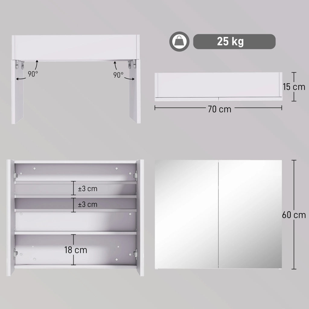 Armadietto da bagno con specchio e ripiano regolabile ¨C zephmum ¨C 70x60 cm bianco