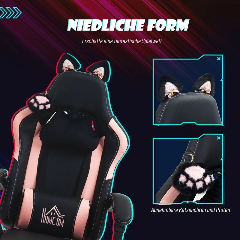 Sedia gaming con orecchie di gatto, schienale reclinabile, poggiapiedi estraibile e ruote in ecopelle nera