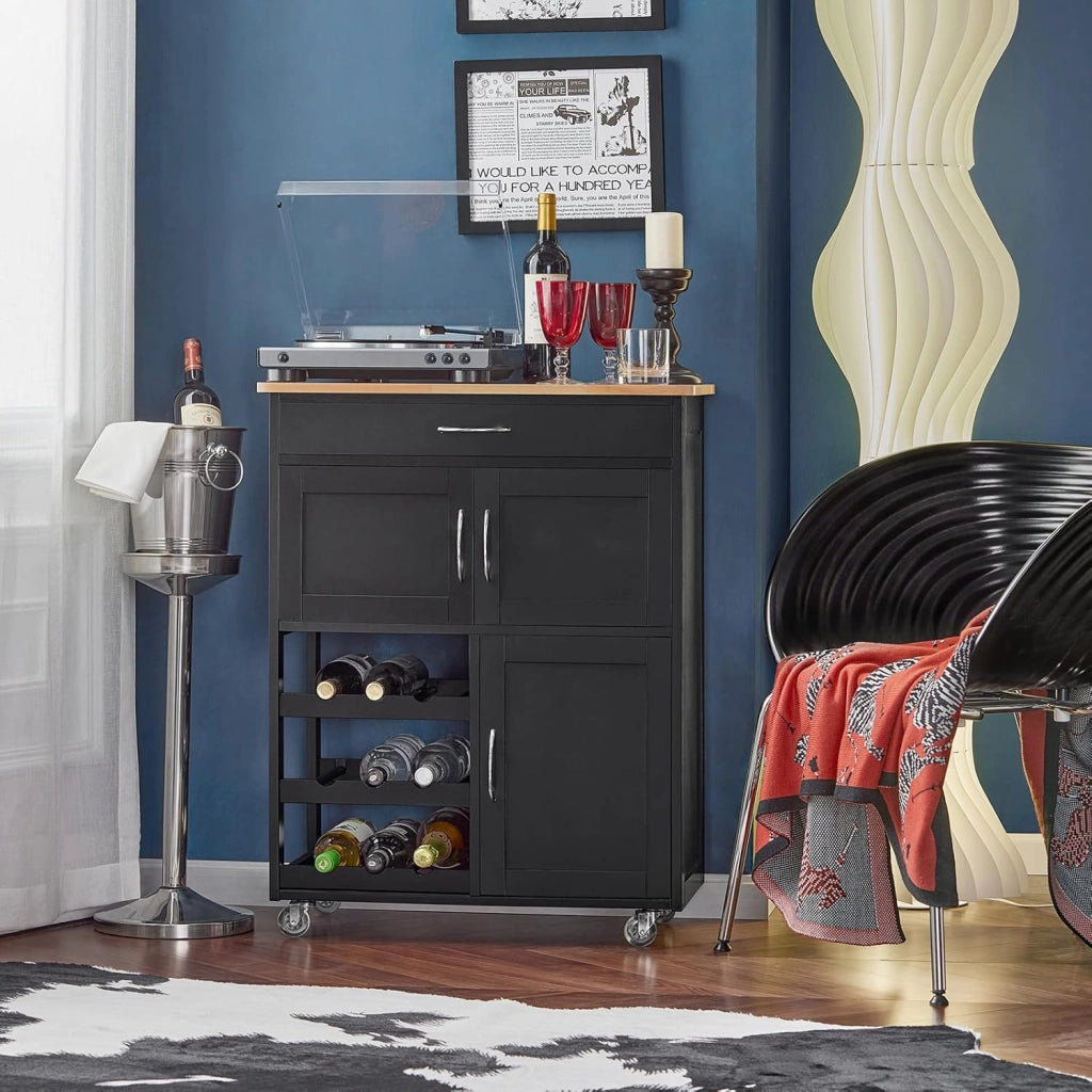 Mobile Cucina Salvaspazio con Ruote Carrello Cucina con Cassetti e Portabottiglie, Mobiletto Credenza credenza cucina per Cucina o Sala da Pranzo, Nero 67x38x86cm FKW45-SCH