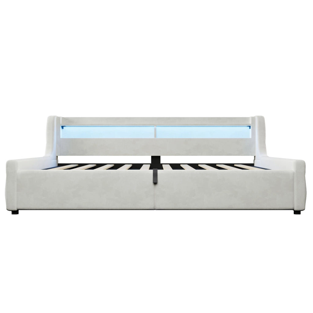 Letto Singolo 140x200 cm; 1 Posto - Contenitore e LED - in Flanella - Off White