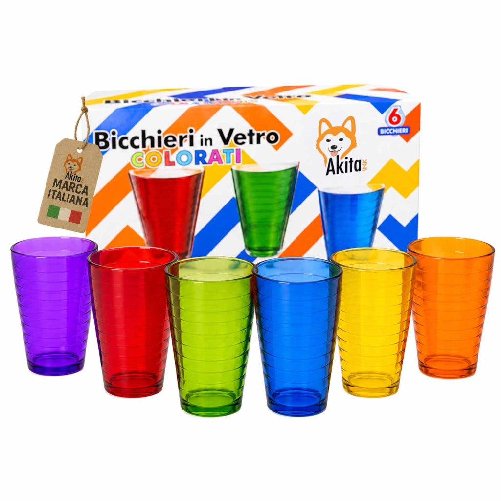 Akitaink Set 6 Bicchieri in Vetro Colorato 350 ml Multicolore