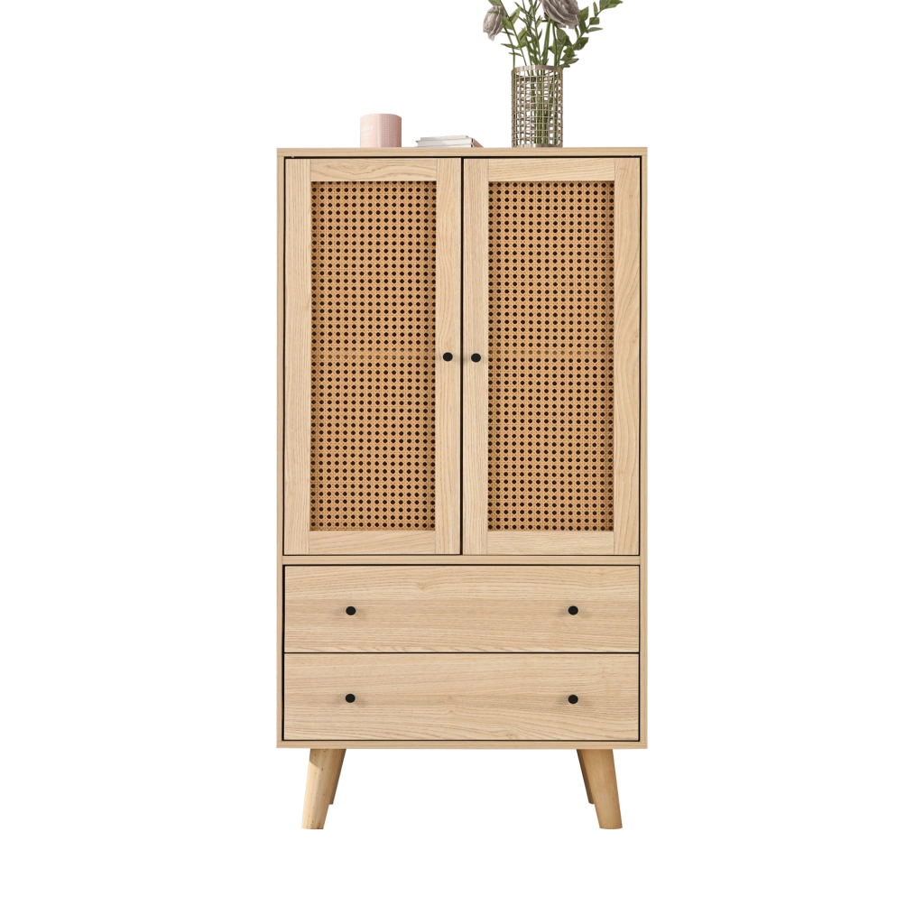 Credenza con 2 Ante e 2 Cassetti; Frontale Effetto Rattan; per Soggiorno o Sala da Pranzo; in Pannello Truciolare; 60 × 40 × 120 cm; Rovere