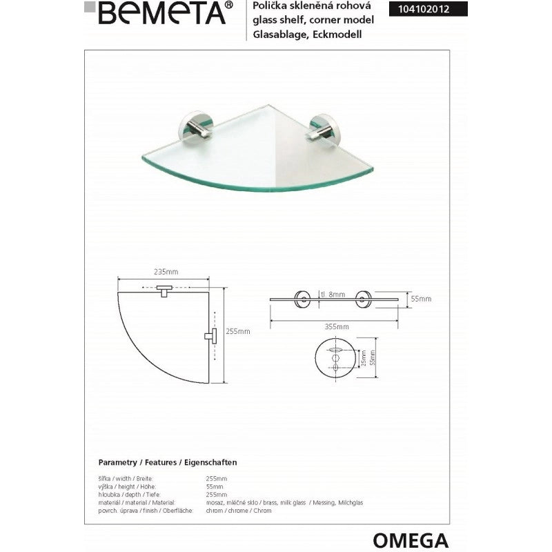Mensola per doccia angolare da parete in vetro OMEGA 25,5x5,5x25,5cm