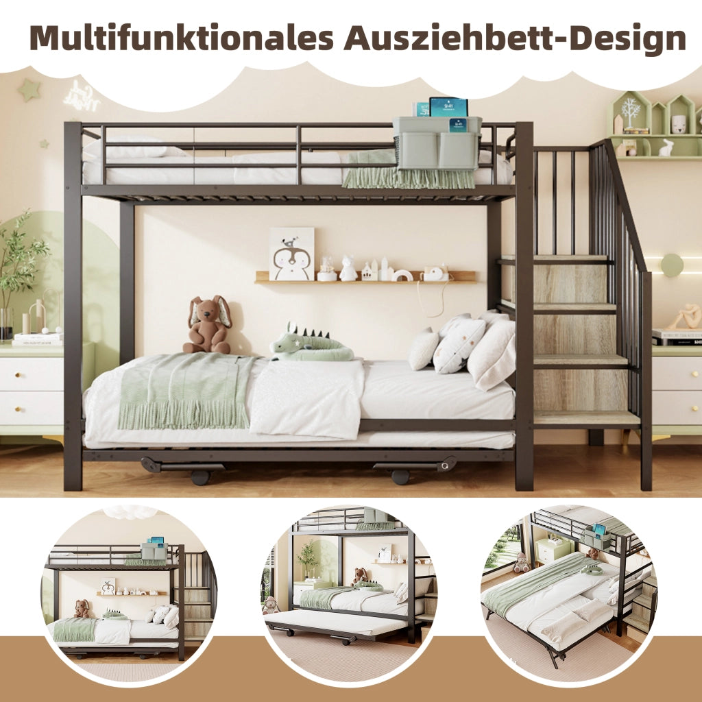 DESMIU Letto a Castello 3 Posti con Letto Estraibile, Scala Contenitore e Tasca, 90 × 200 cm e 180 × 200 cm, Senza Materasso