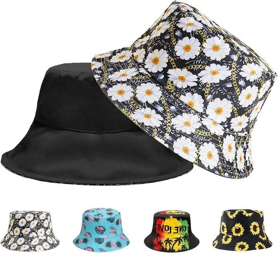 Cappello da pesca retro a doppia faccia per donne e uomini - Cappello da bush opportuno per attività all'aperto - Nero con fiori piccoli