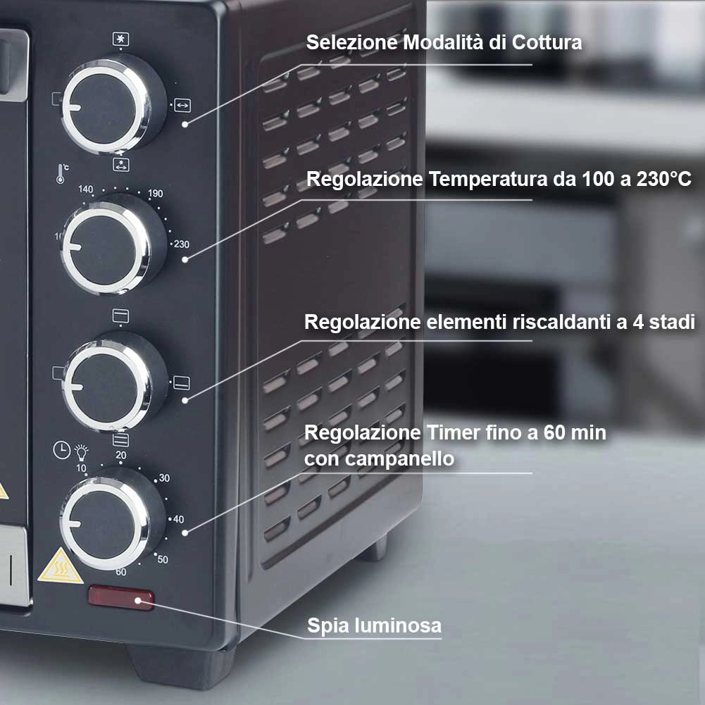 Forno Fornetto Elettrico Ventilato 48 litri 2000W Luce Interna Timer Girarrosto
