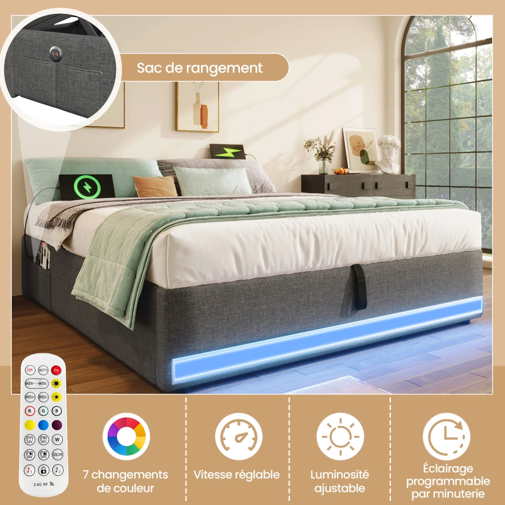 Letto Contenitore Matrimoniale 140x200 cm; USB; Type-C; LED; Tasche laterali; in Lino Grigio