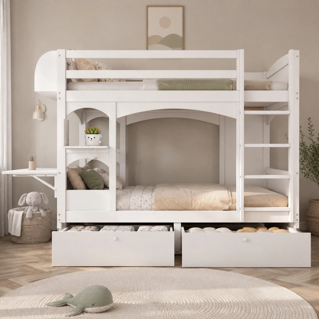 Letto a castello per bambini 90x200 cm bianco con scrivania pieghevole