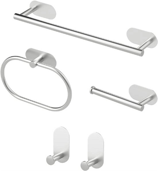 Set di accessori per la camera da bagno 5 pezzi - Orecchini per asciugamano e carta igienica - Spine adesive - Ferro di metallo inossidabile - Argento