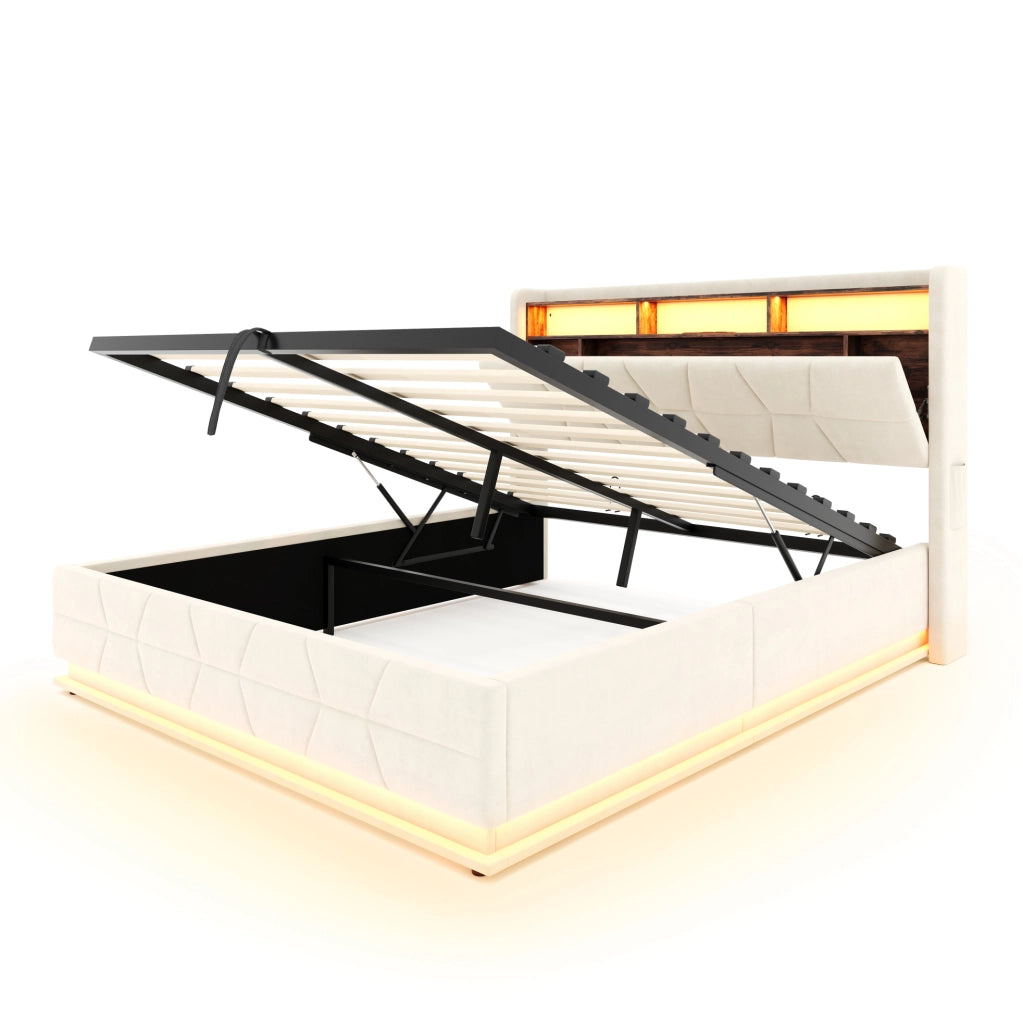 Letto matrimoniale 140x190 cm in velluto beige con testiera contenitore; LED e porte USB/Type-C
