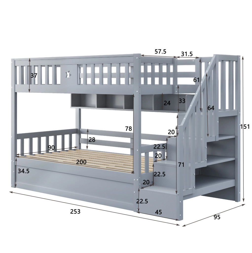 Letto a castello ULEVR 90x200 cm grigio con letto inferiore idraulico, scala contenitore e ripiani