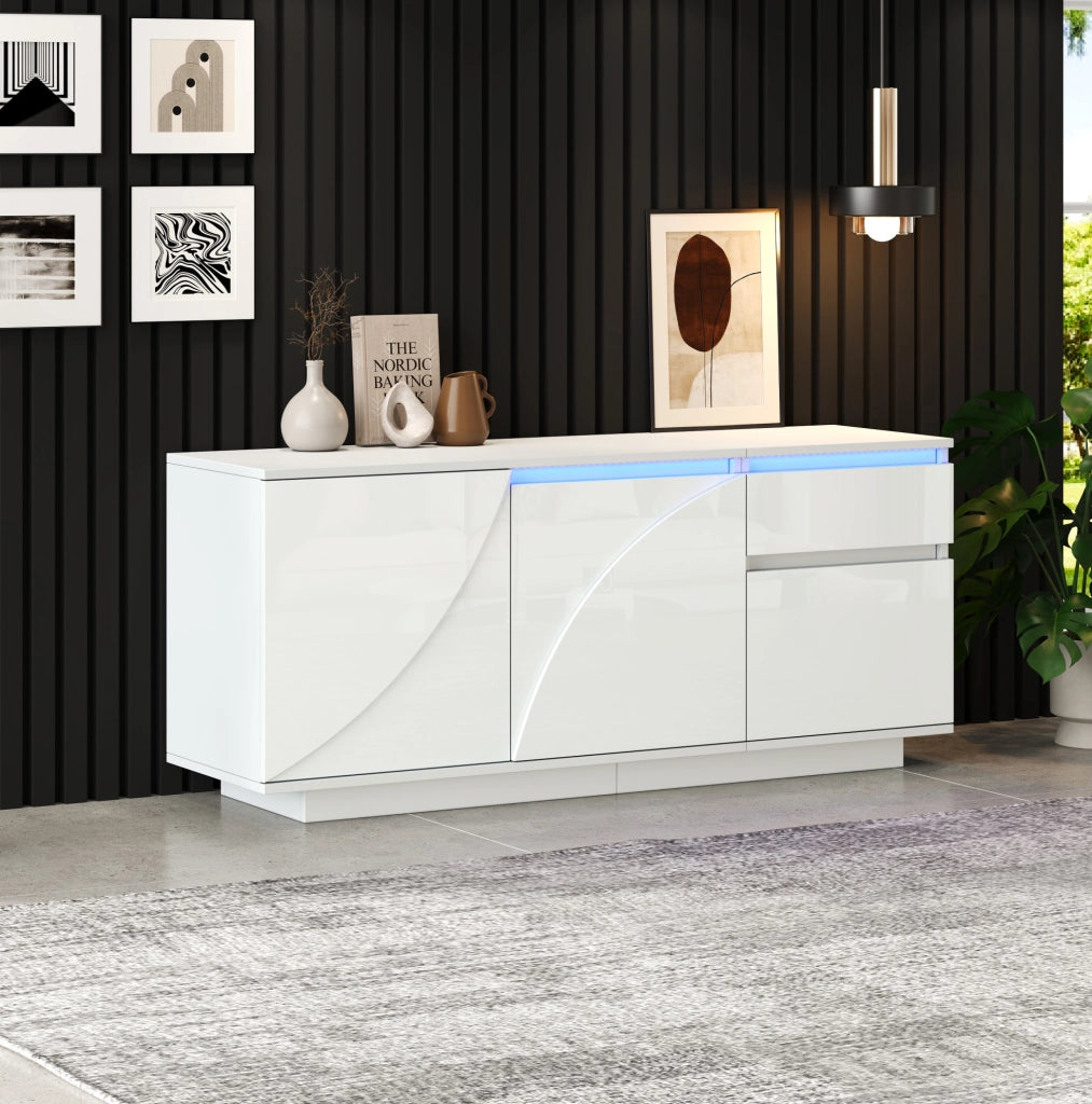 Credenza con LED, 3 ante, 1 cassetto e finitura bianca lucida