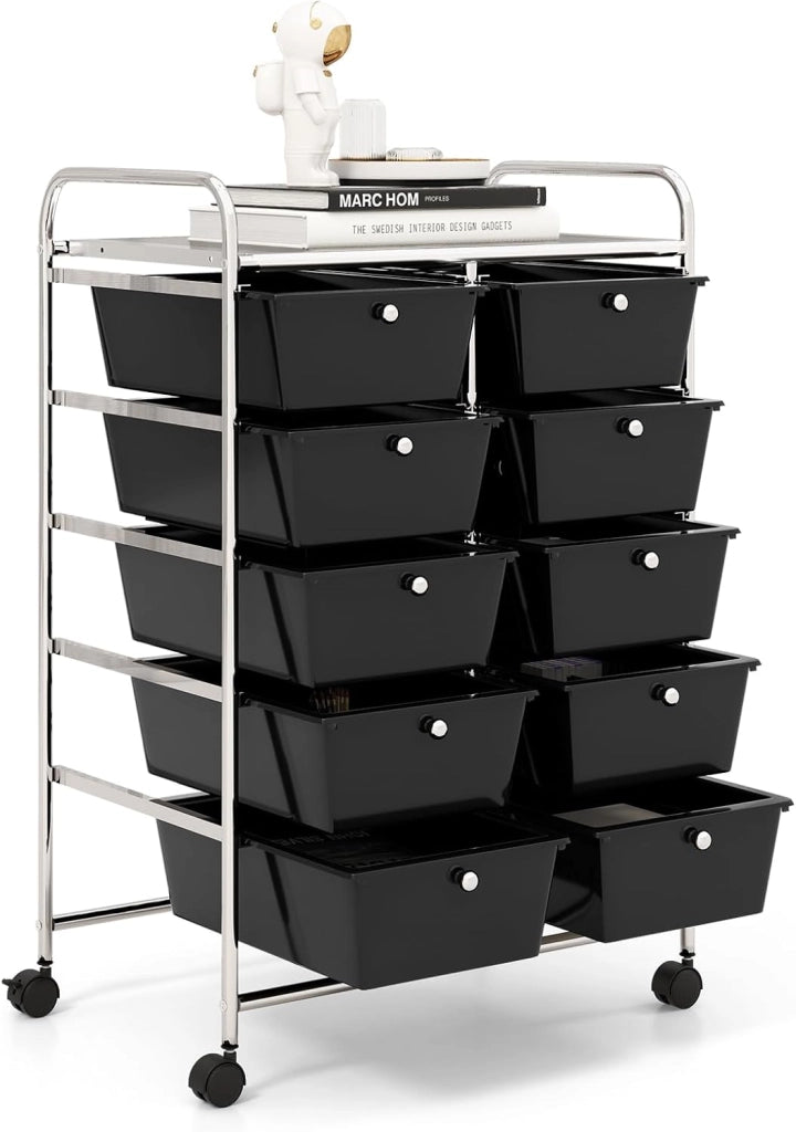 Carrello a 10 Cassetti con Ruote, di Stoccaggio con Stabilità Elevata, Multiuso per Casa Ufficio e Scuola, 65,5 x 37 x 87 cm (Nero)