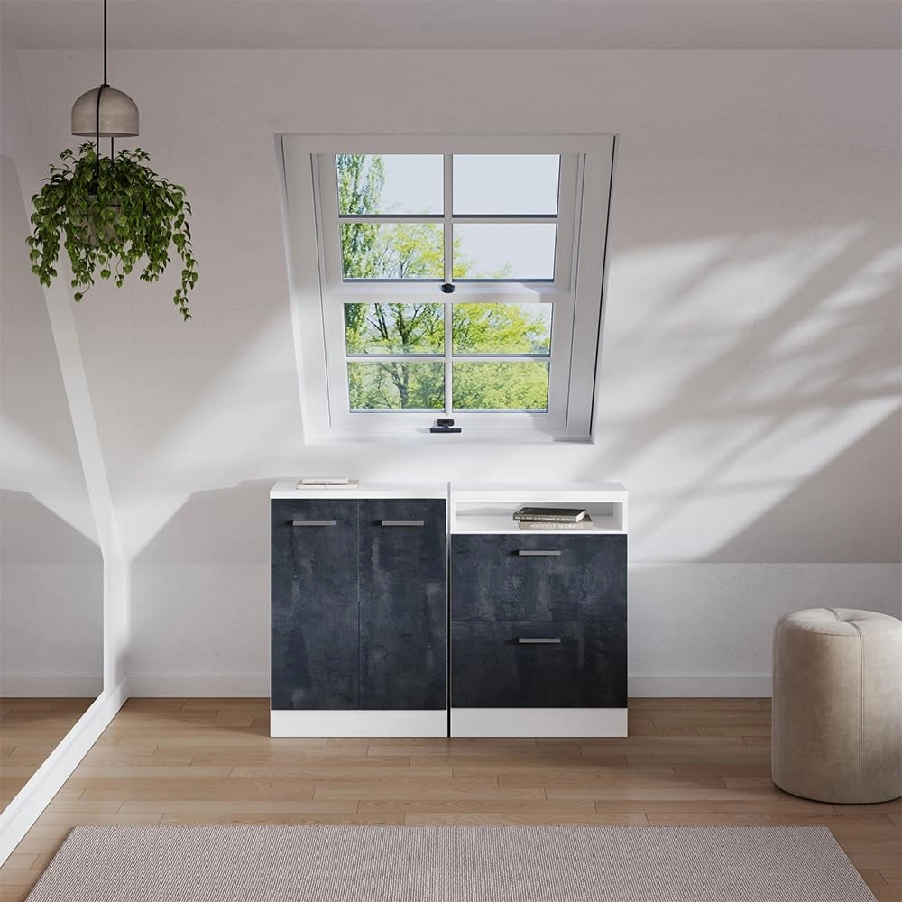 Set di mobili sottotetto Rion, Calcestruzzo nero, 120 cm Set di 2 carcasse armadio profondità 60 cm, adatto per il salvaspazio sotto tetti spioventi