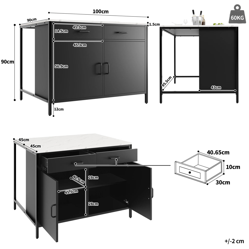 Tavolo Alto con 2 Cassetti e Ripiano Regolabile; in MDF; Nero; per Cucina e Sala da Pranzo; 100 x 90 x 90 cm