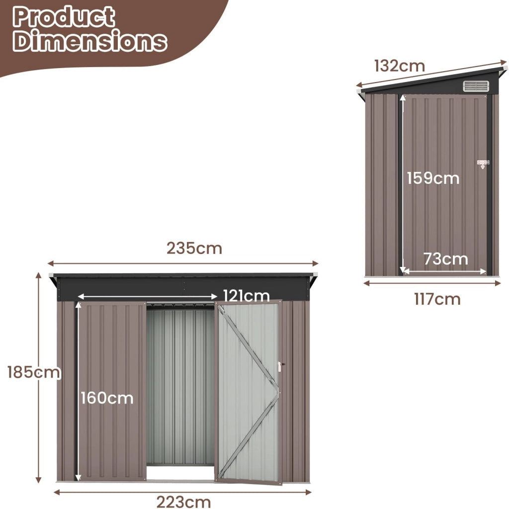 Casetta Attrezzi Giardino in Metallo, Capanno per Attrezzi con 2 Porte e 2 Finestre per Ventilazione, 235 x 117 x 185 cm, Ripostiglio da Esterno con 2 Paia di Guanti (Grigio Caldo)