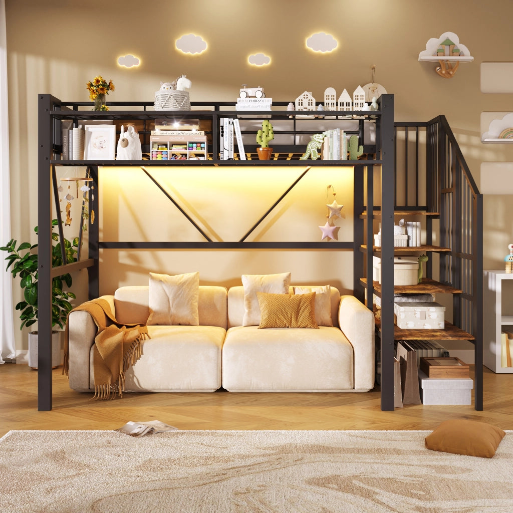 LETTO A CASTELLO 90x200 cm in metallo e MDF con LED, nero