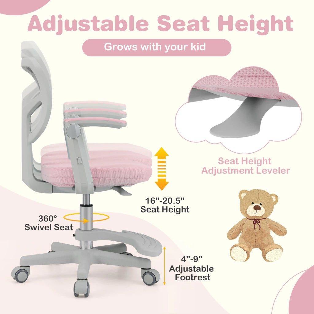 Sedia da scrivania per bambini rosa, sedia da studio ergonomica regolabile in altezza con braccioli e poggiapiedi