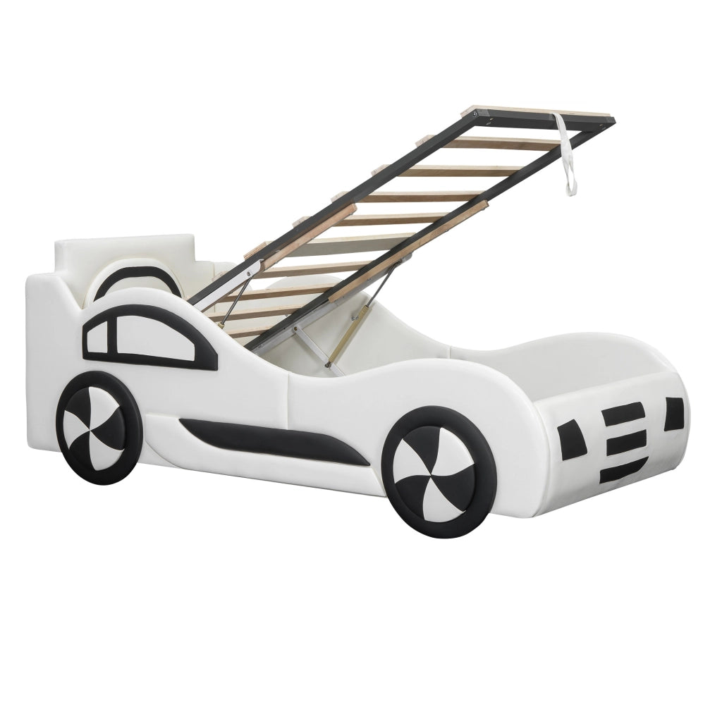 Letto auto bambini 90x200 cm con rete a doghe e contenitore; PU; bianco
