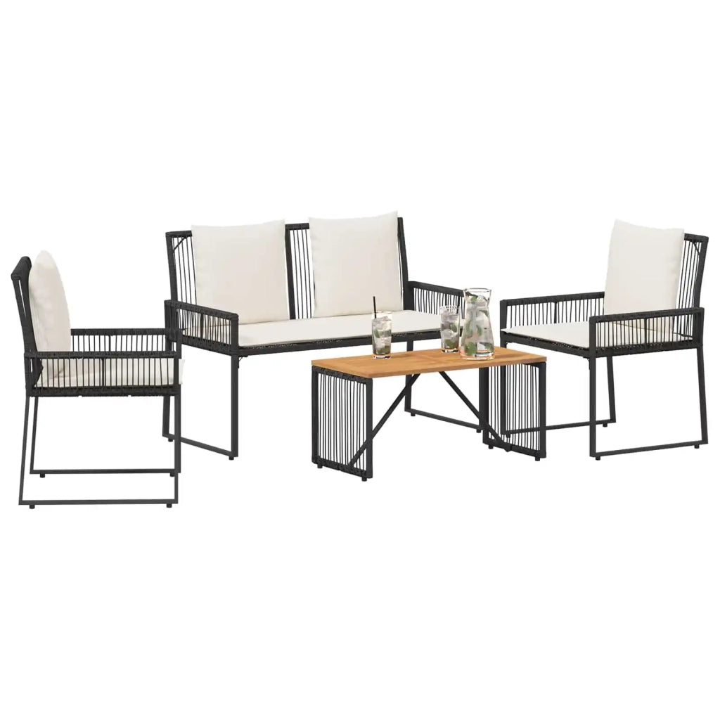 Set di Mobili da Esterno 4 pz | Set Salotto da Giardino Nero e Bianco Crema polyrattan