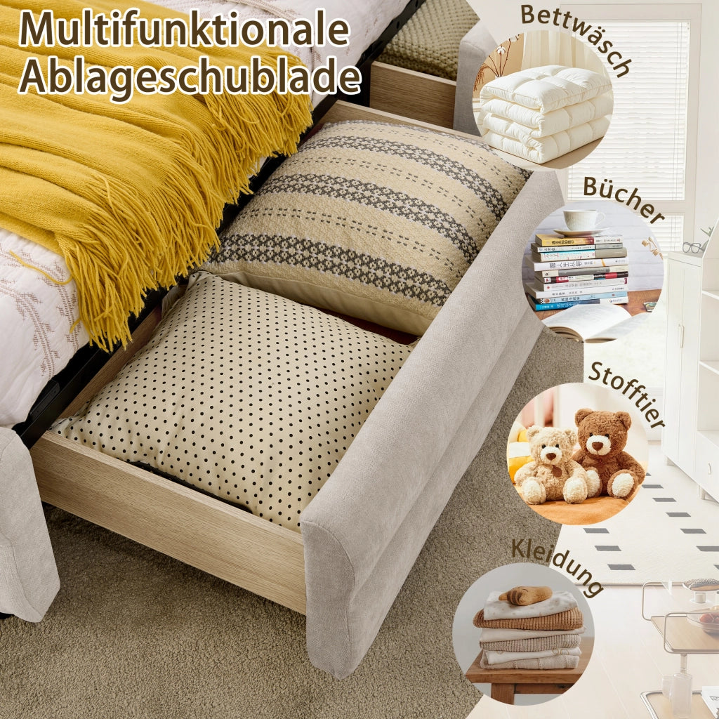 Letto singolo in Chenille beige 90x200 vani laterali USB ergonomico