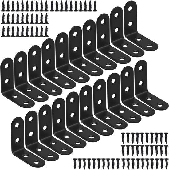 Verbindatori premium in acciaio inox, 20 pezzi, 90 gradi, supporti L, portamateriali in metallo, angolo mobili, inclusi 80 viti, nero.