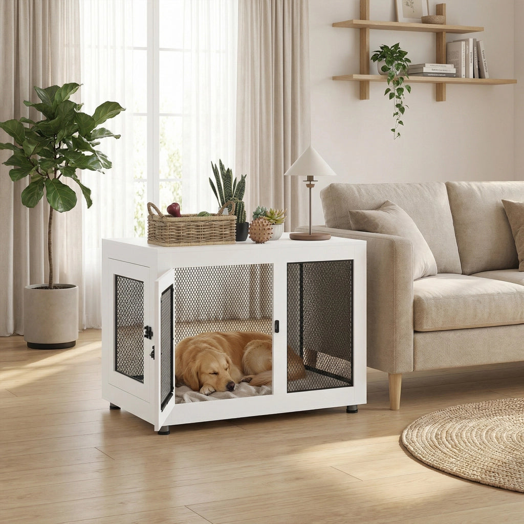 Gabbia per Cani Rialzata con Cuscino Rimovibile ¨C Xylo ¨C Acciaio Nero e Bianco 94x60x71,5 cm