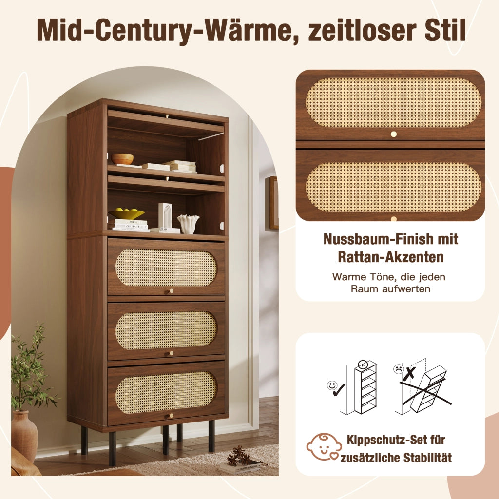 CREDENZA 80x40x163 cm Nussbaum con Rattan e 5 ante a ribalta