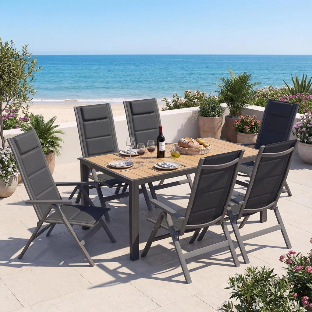 Set Tavolo e Sedie da Giardino 7 Pezzi, Composto da Tavolo 150 cm in Alluminio e 6 Sedie Pieghevoli, Tavolo da Giardino con Finitura a Vena di Legno con Sedie da Terrazza, Balcone, Naturale