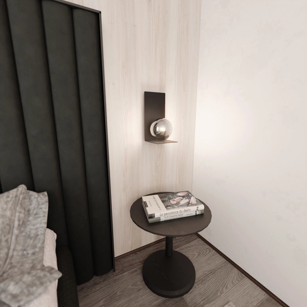 Applique Minimal 1 Luce Indiretta Agni Con Base In Acciaio Nero E Vetro Fumè