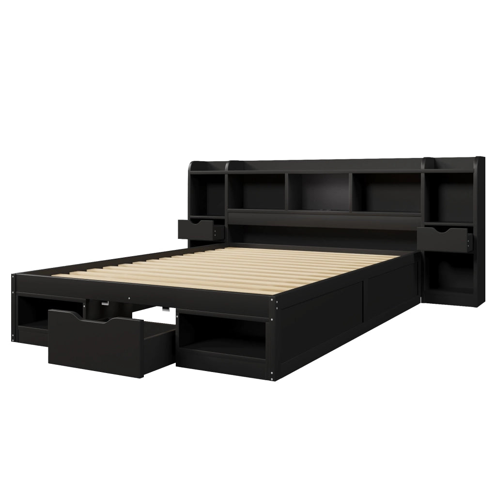 Letto 140x200 cm con vani e cassetti in MDF e compensato nero