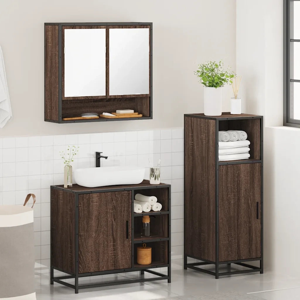 Set Mobili da Bagno 3 pz Rovere Marrone in Legno Multistrato