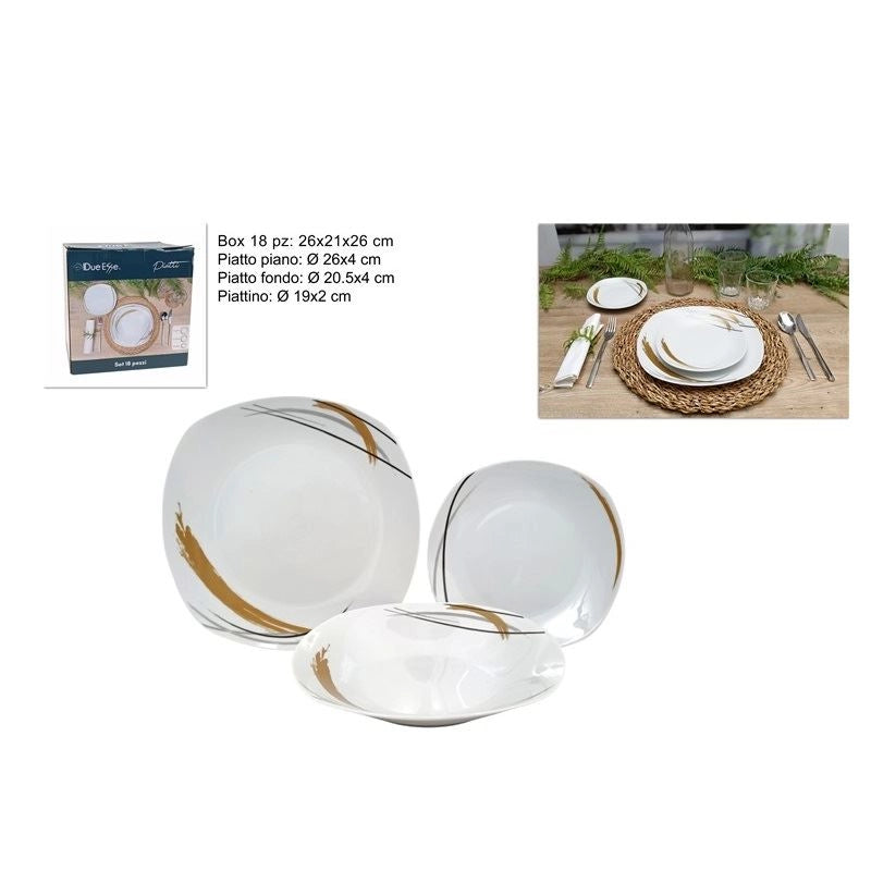 Servizio di Piatti da Tavola in Ceramica Quadrato Strisce Oro 18 Pezzi