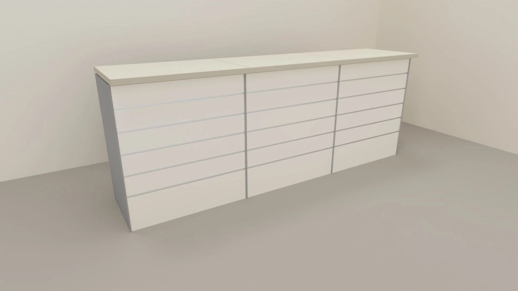 Bancone vendita per negozio con pannello dogato anteriore cm. 276x64x106h