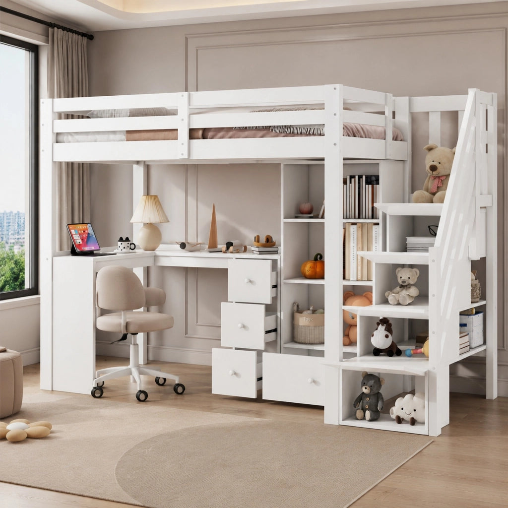 Letto a soppalco per bambini 90x200 cm con scrivania; cassetti e scala contenitore; bianco