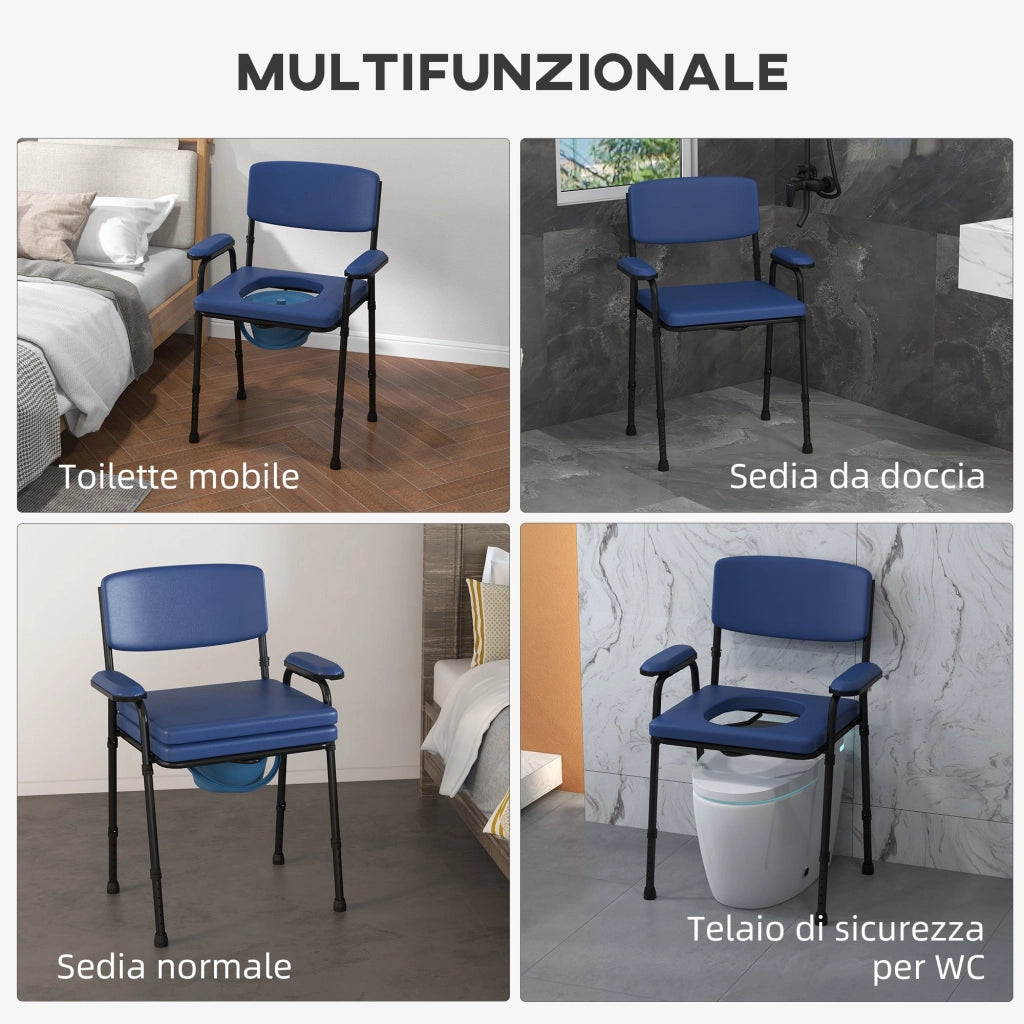 Sedia WC per Anziani e Disabili Altezza Regolabile e Secchio Rimovibile Blu