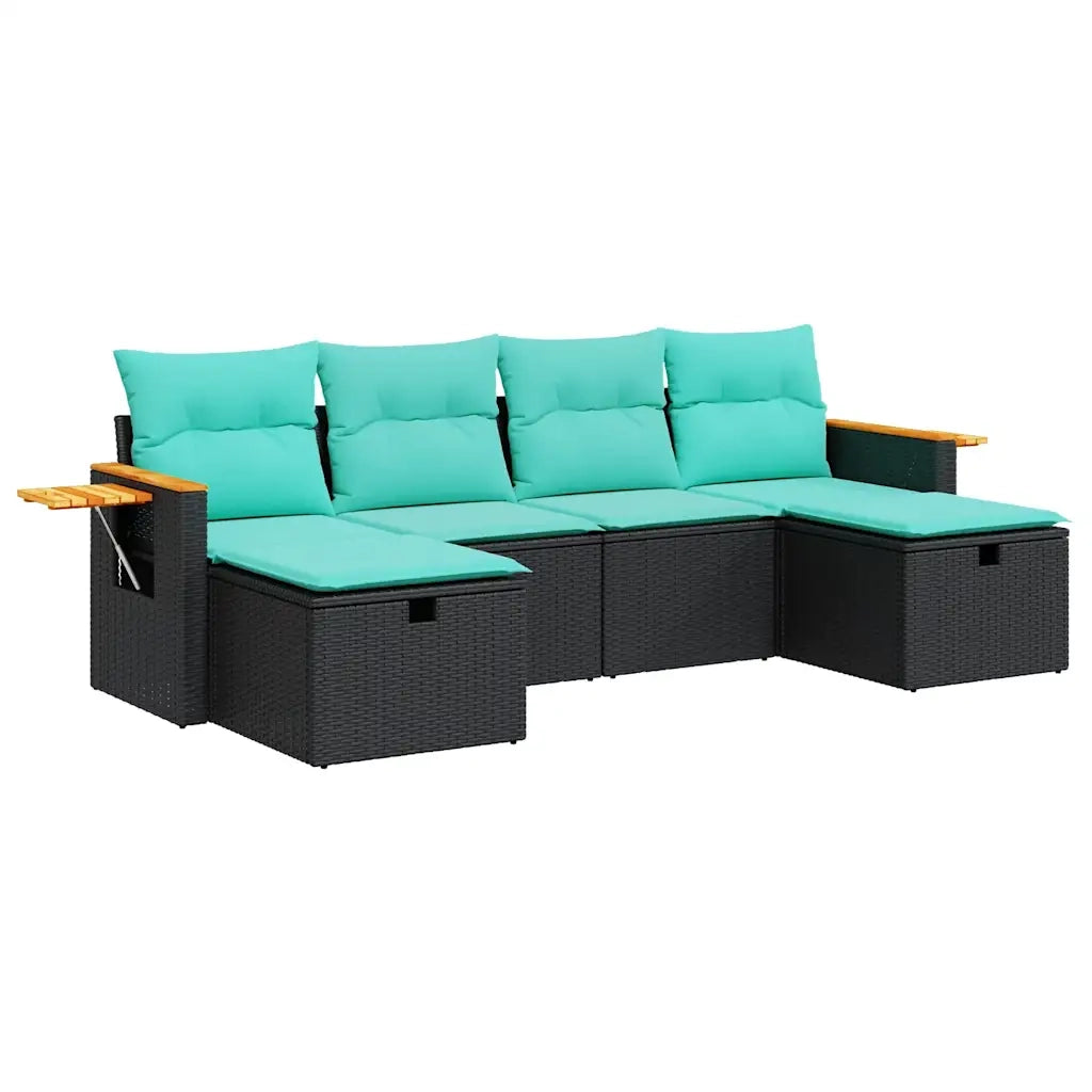 Set Divano da Giardino 6 pz con Cuscini Nero in Polyrattan