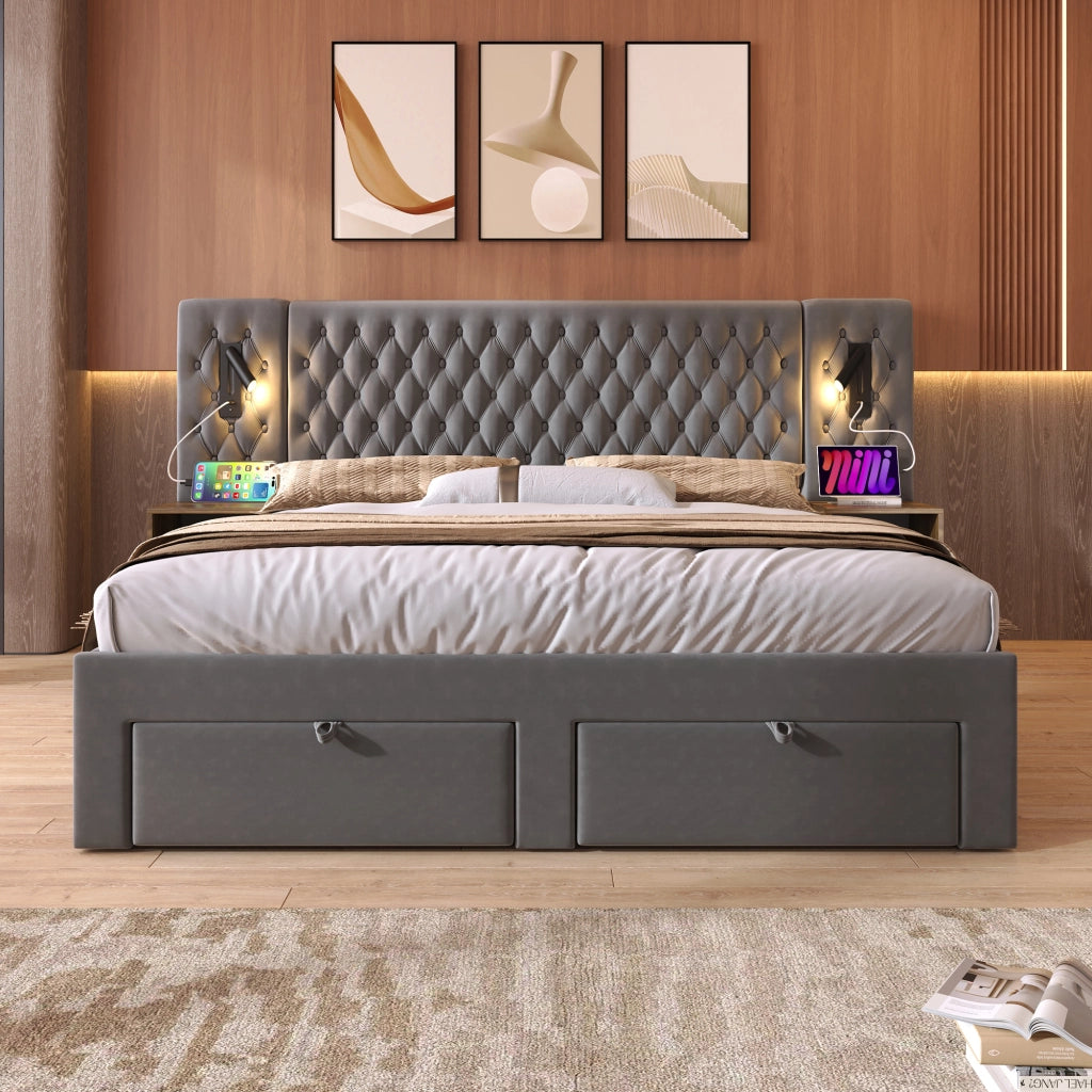 LETTO Contenitore 160x200 cm in velluto grigio con 2 comodini, 4 cassetti e ricarica USB/Type C