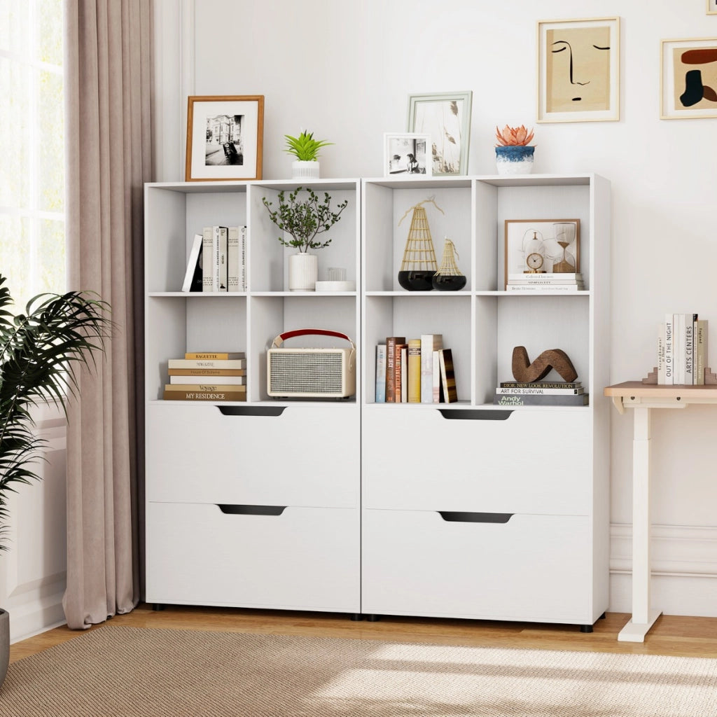 Libreria a 4 cubi con 2 cassetti scaffale alto a 5 ripiani da 130 cm, Libreria moderna a cubi aperti per soggiorno Bianco-Librerie