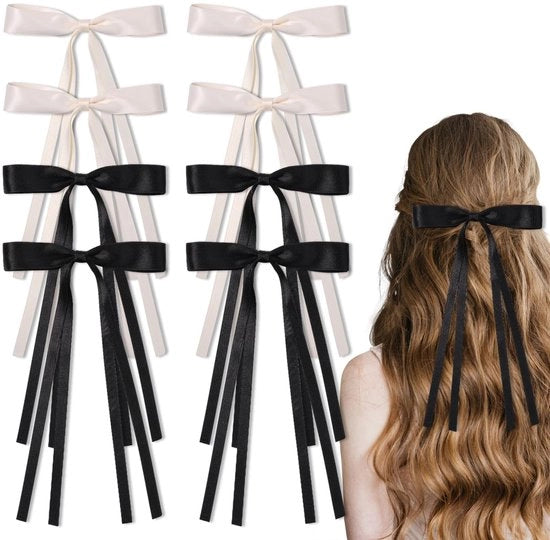 Set di 8 Clip per Capelli con Strass - Fiocchi di Tulle Lunghi in Nero e Beige