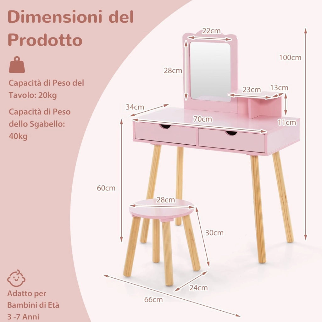 2 in 1 Set Toeletta per Bambini, Postazione Trucco in Legno con Sgabello, Specchio Rettangolare Staccabile e 2 Cassetti Capienti, Ideale per Bambini dai 3 ai 7 Anni, 70 x 37 x 100 cm