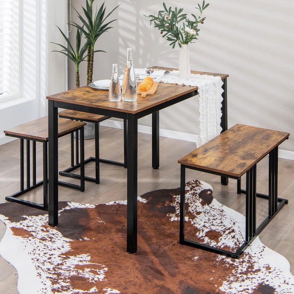 Set Tavolo da Pranzo 4 Pezzi, Tavolo da Pranzo con Panca e 2 Sgabelli, in Stile Industriale, Set Tavolo Salvaspazio per Cucina, Ristorante, Bar
